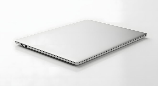 Sleek silver laptop closed and resting on a white surface