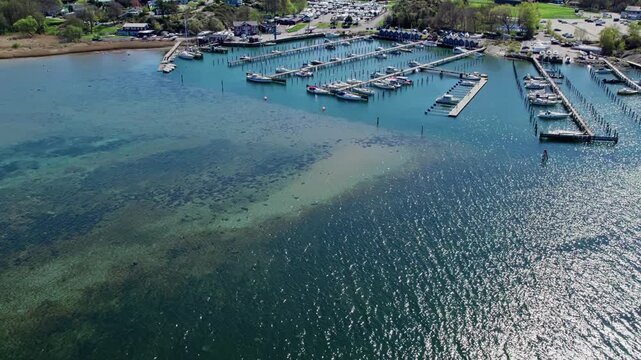 Marina With Moored Boats Near Askimsbadet Beach In Gothenburg, Sweden. Aerial Drone Shot