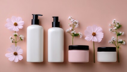 Blank cosmetic bottles and jars arranged with flowers on a pastel background.