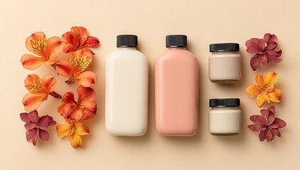 Empty cosmetic containers arranged with autumnal flowers.