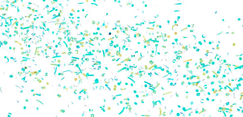High-resolution image of teal and gold confetti falling on a white background. Perfect for celebration, party, and festive designs.