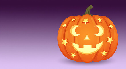 A carved halloween pumpkin with a smiling face, decorated with glowing stars and crescent moons, on a purple gradient background