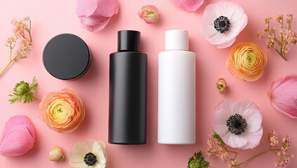 Empty cosmetic containers surrounded by flowers on a pink background.