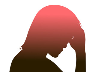 おでこに手を当てて悩む男性の右向き横顔シルエット_赤グラデーション