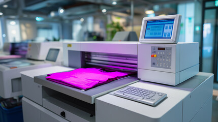 A print on demand apparel facility uses a bank of direct to garment printers to create custom clothing. The personalized fashion and promotional products are made to order