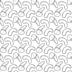 Black and white seamless pattern with sketch cashew nuts, minimal hand-drawn style.