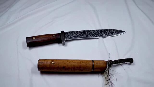 Damascus steel knife with wooden handle and sheath