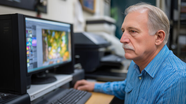 A digital photo printing lab uses professional color correction systems to ensure perfect prints. A technician is shown reviewing a photograph on a calibrated monitor before it