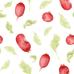Watercolor Radish Seamless Pattern with Vegetables and Leaves. Farmhouse art with red radishes and green leaves. Great for kitchen textiles, eco packaging, culinary branding, and farmer market designs