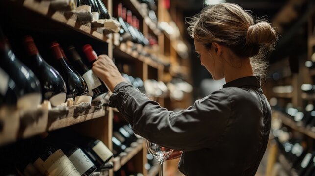 Woman selecting a wine bottle in a wine cellar.