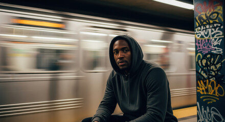 Urban Contemplation: A focused individual in a hooded sweatshirt, sits at a subway station with a passing train blurring in the background, evoking a sense of introspection and anticipation.