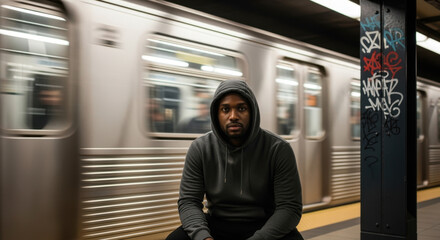 Solitary Contemplation in the Urban Depths: Amidst the kinetic blur of a speeding train, a solitary individual sits in quiet contemplation.
