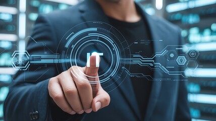 Businessman touching futuristic it interface with glowing digital data
