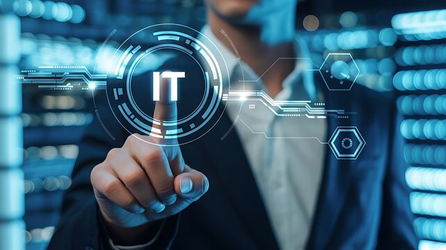 Man in suit touching futuristic it interface in server room