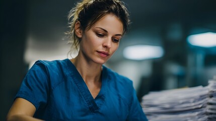 Nurse organizing files at nursing station