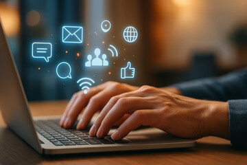 Email marketing funnel concept with glowing icons and hands typing on laptop in modern workspace