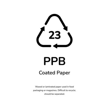 Recycle sign for 23 ppb coated paper material waste
