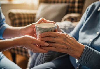 Home care nurse helping an elderly woman hold a warm cup of tea showing compassion