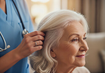 Fototapeta premium Home care nurse gently brushing the hair of an elderly woman showing kindness and personal care