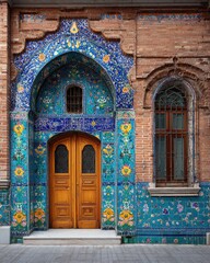 Obraz premium Vibrant Turkish Architecture with Colorful Tile Work and Wooden Door in Traditional Style