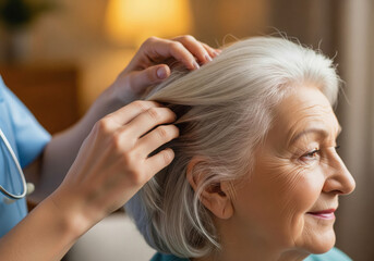 Fototapeta premium Home care nurse gently brushing the hair of an elderly woman showing kindness and personal care
