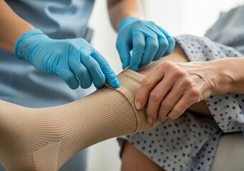Obraz premium Nurse helping a senior patient put on compression socks for better circulation in a rehabilitation center