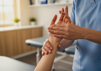 Physiotherapist nurse's hands assisting a patient with rehabilitation exercises for a wrist injury