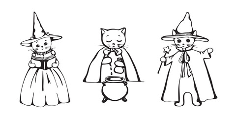 Cute Magic wizard cats with book, magic wand, hats and cauldron. Hand drawn doodle set 