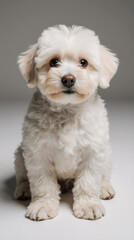 Obraz premium High-quality close-up of a young Maltipoo on pale gray, showing fluffy detailed fur, textured nose, and deep brown expressive eyes in a natural pose