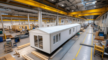 A modern modular construction factory shows an automated assembly line for prefab building components. The efficient manufacturing process produces high quality wall panels and mod