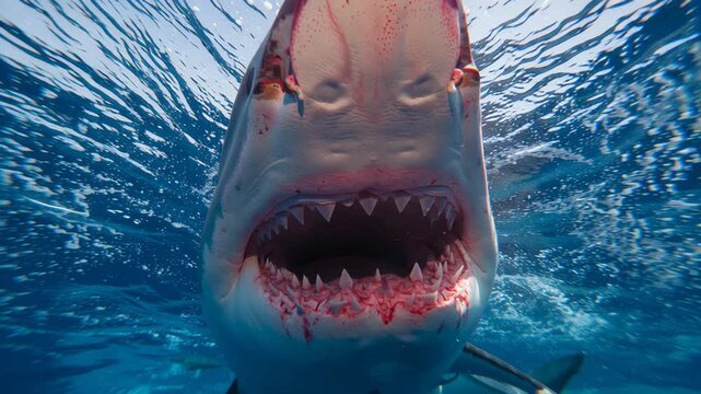 4k video of a shark with bloody jaws swimming towards.