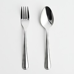 Polished fork and spoon on white background (2)