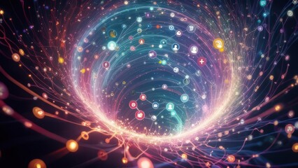 Abstract swirling vortex of interconnected social media icons
