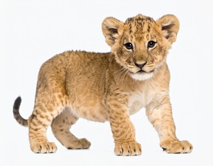 Obraz premium A cute lion cub stands alertly, showcasing its tawny fur and playful expression.