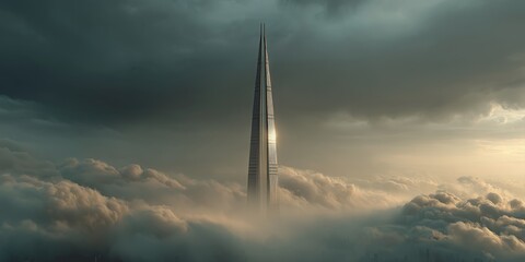 Majestic glass tower piercing thick clouds with soft sunlight and dramatic teal blue sky