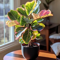 Vibrant variegated fiddle leaf fig near sunny window