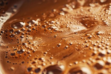 Close-up of brown coffee foam, featuring numerous small bubbles. The lighting accentuates textures and highlights.