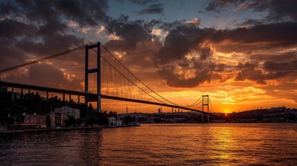 Obraz premium Sunset Over a Majestic Bridge with a Scenic Skyline and Vibrant Cloud Patterns Reflected on Calm Water