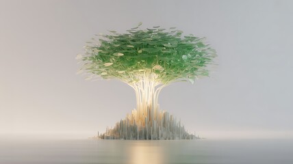 Abstract glowing tree with illuminated trunk and green foliage on a pedestal