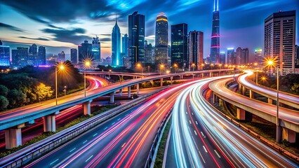 Fototapeta premium City highway at night with light trails and skyscrapers