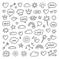Hand Drawn Doodle Elements Hearts Clouds Rainbows Stars White Background sketch drawing