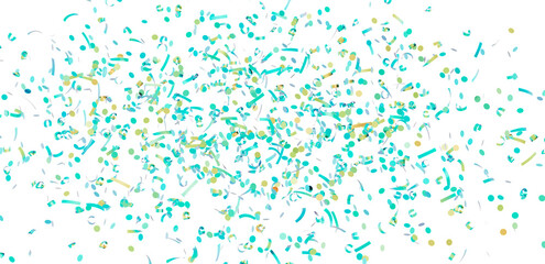 High-resolution image of teal and gold confetti falling on a white background. Perfect for party invitations, celebrations, and festive designs
