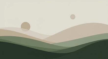 Minimalist landscape featuring layered hills in earth tones and green, with two tan circles against a light background.