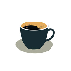 A black coffee cup with dark brown coffee on a saucer on a white background flat vector illustration