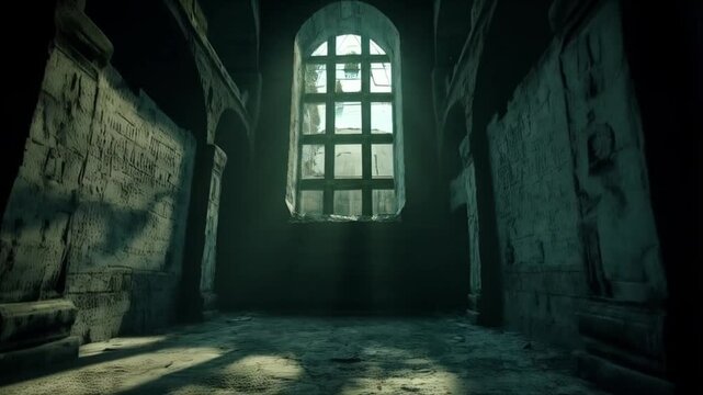 Interior view of a stone dungeon with a barred window and light streaming through it dimly halloween background video