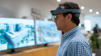 A digital twin of a construction project is shown with a detailed 3D building model displayed on multiple screens in a command center. Virtual reality technology enables real time