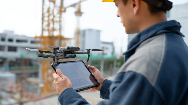 A construction drone surveys a building's progress with aerial photography and LiDAR scanning. The autonomous technology provides accurate progress monitoring and quality