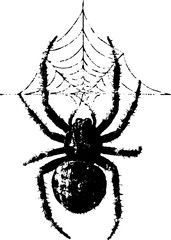 Obraz premium Grunge black and white spider with web illustration for halloween design and decor