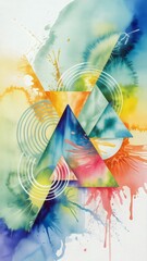 Bright Abstract Watercolor Background with Geometric Shapes and Paint Splashes