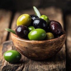 Obraz premium Healthy black and green olives in a wooden bowl on a rustic table.